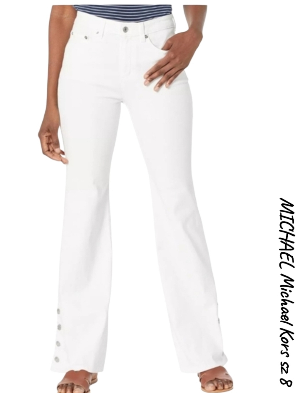 MICHAEL Michael Kors Selma White Flare Jeans Button Hem High Rise Denim 8 NWT